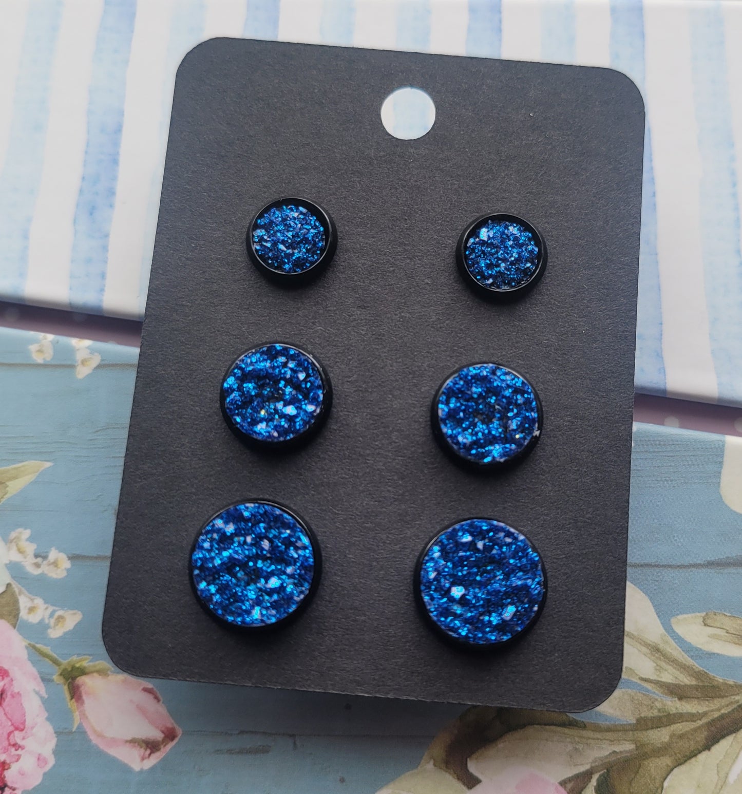 COLBALT BLUE GLITTER Black Bezel Druzy Earrings