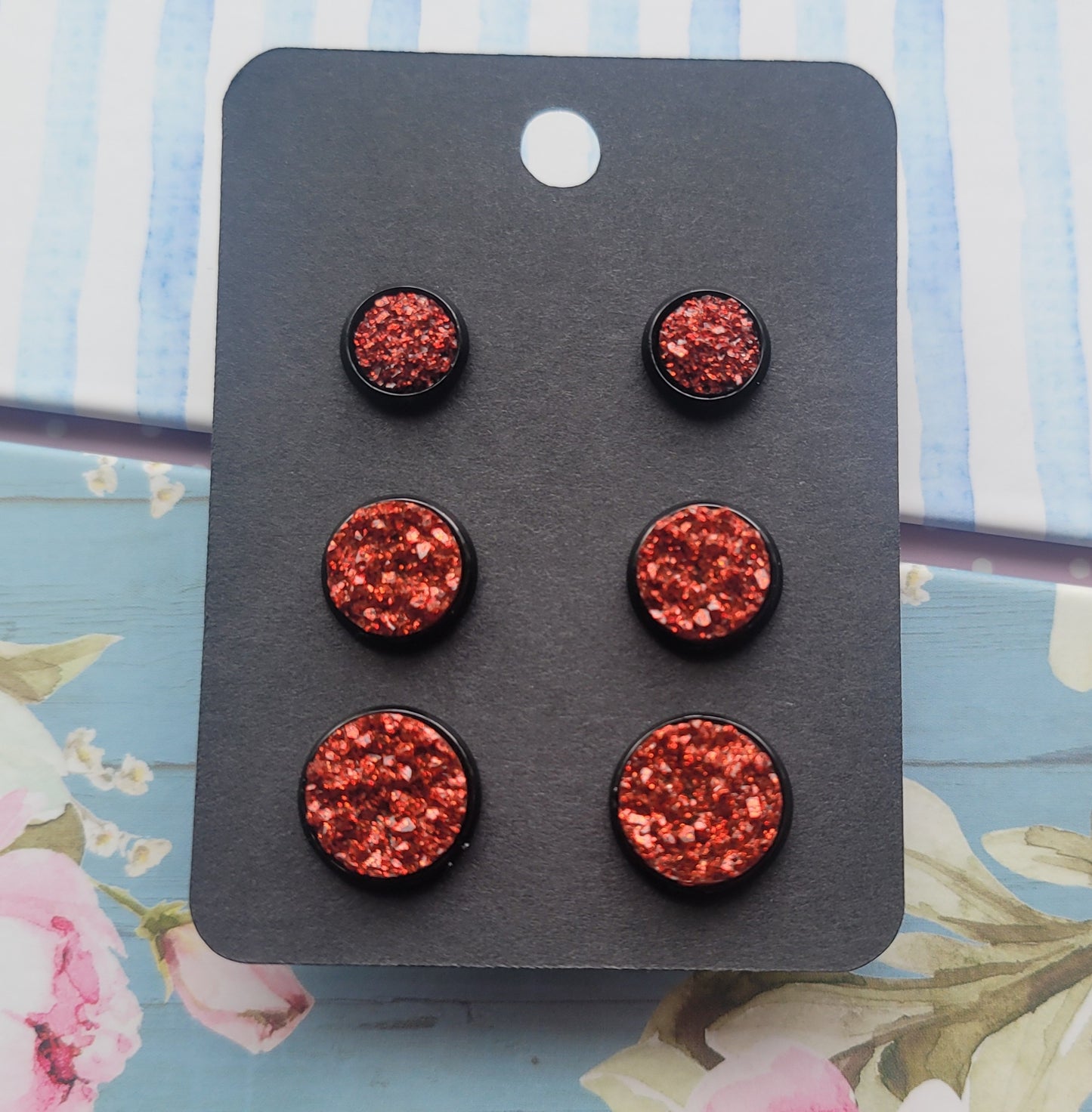 RED GLITTER Black Bezel Druzy Earrings