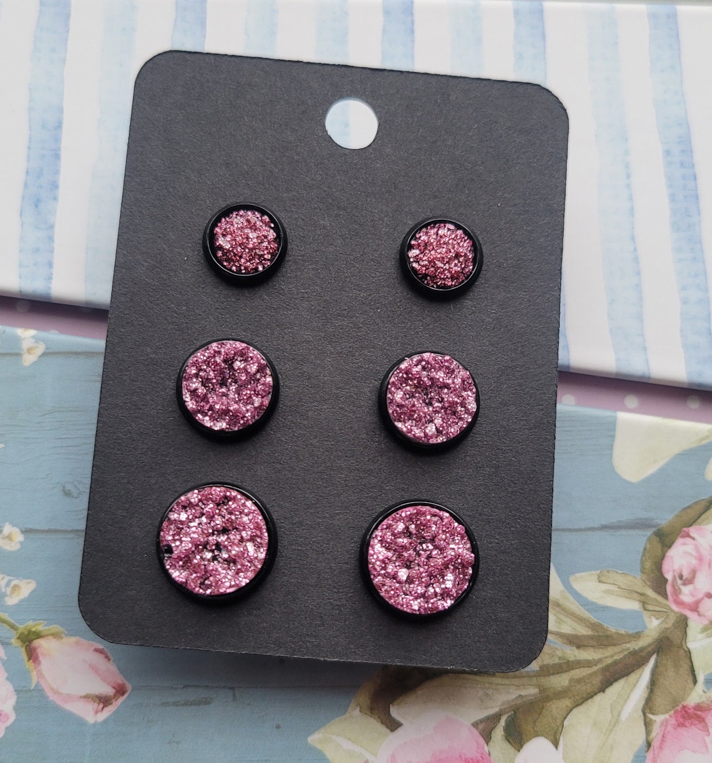 ROSE PINK GLITTER Black Bezel Druzy Earrings