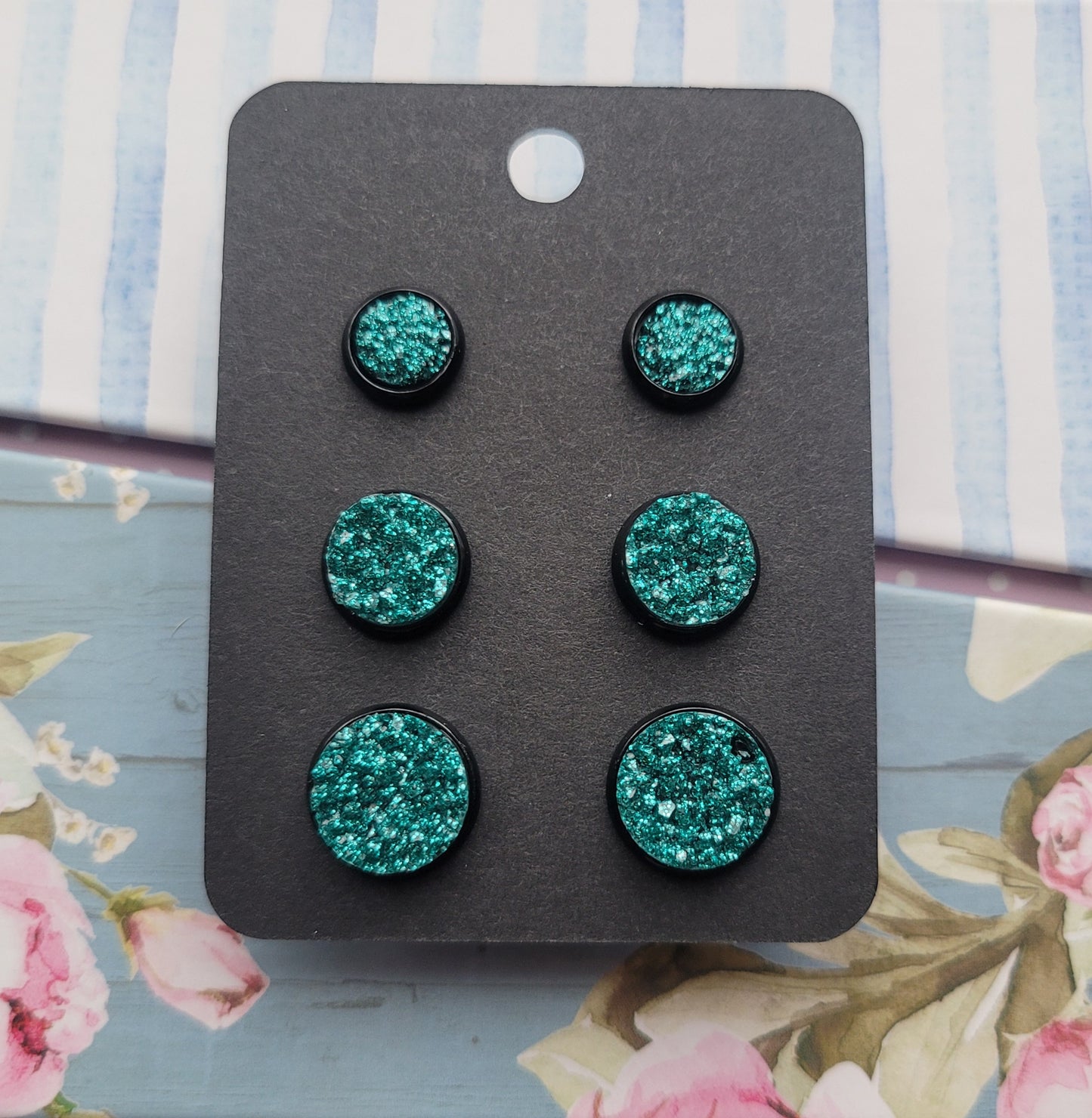 TEAL GLITTER Black Bezel Druzy Earrings