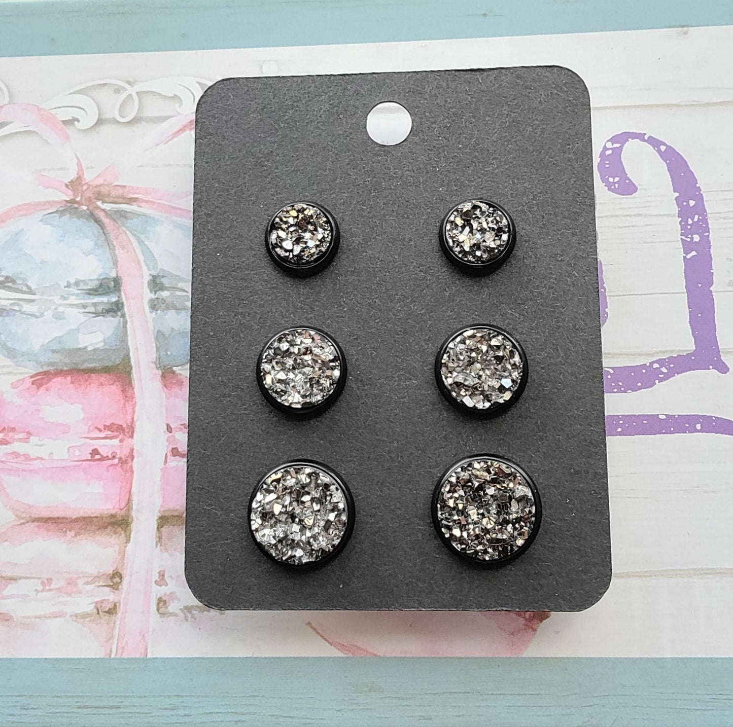 GUNMETAL Black Bezel Druzy Earrings