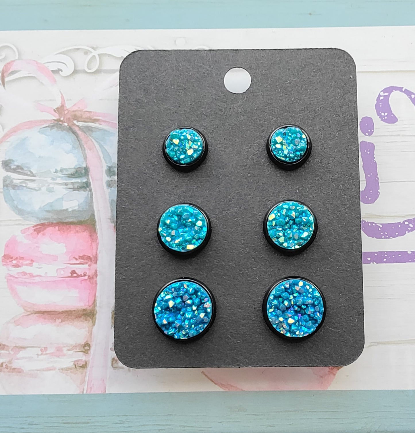 SKY BLUE CONFETTI Black Bezel Druzy Earrings- 12 MM ONLY!