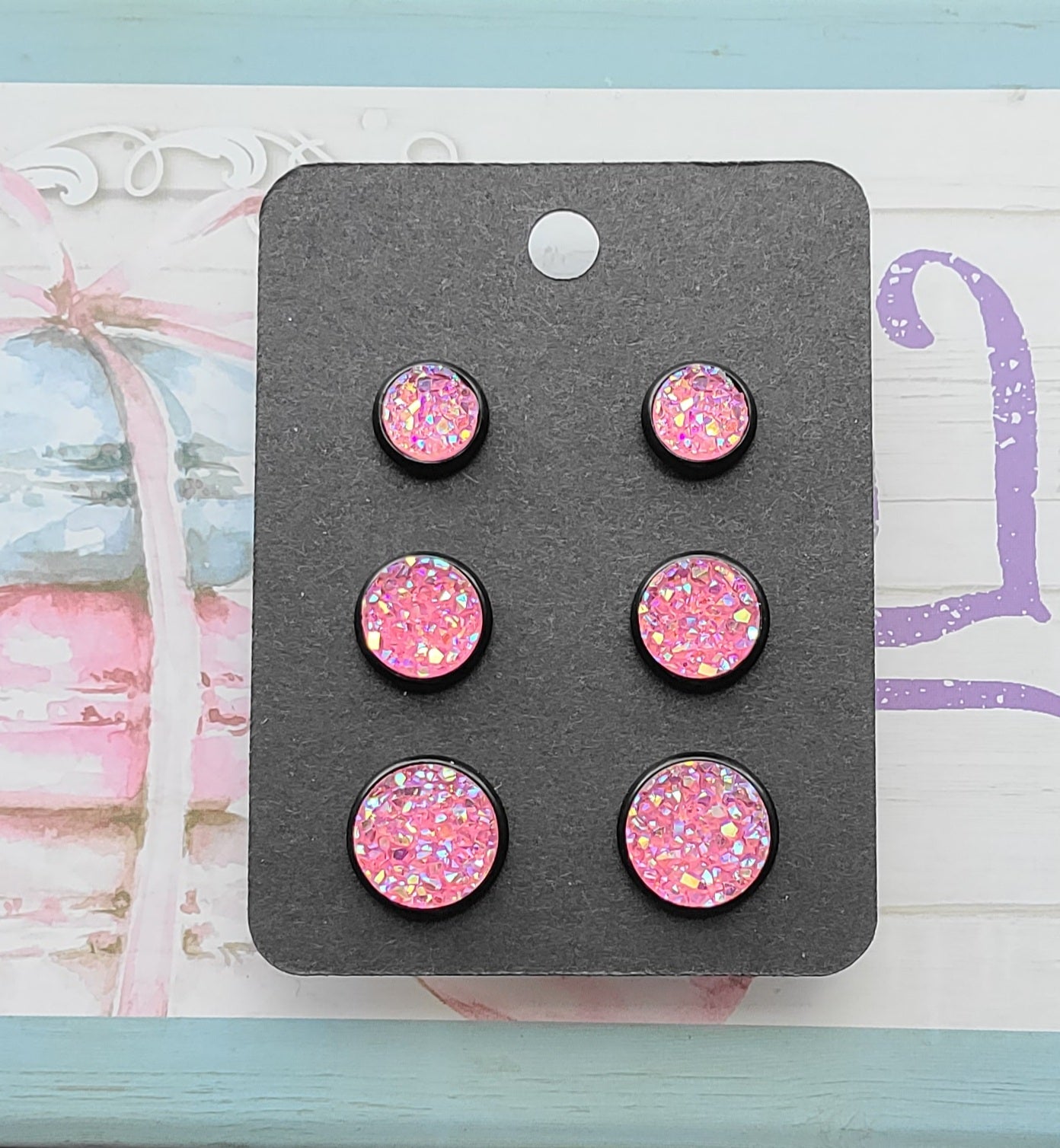 PINK CONFETTI TRANSLUCENT Black Bezel Druzy Earrings