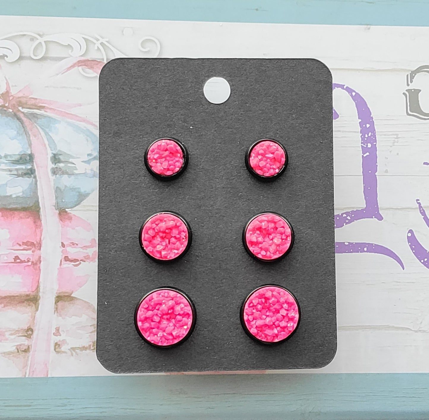 NEON PINK Black Bezel Druzy Earrings