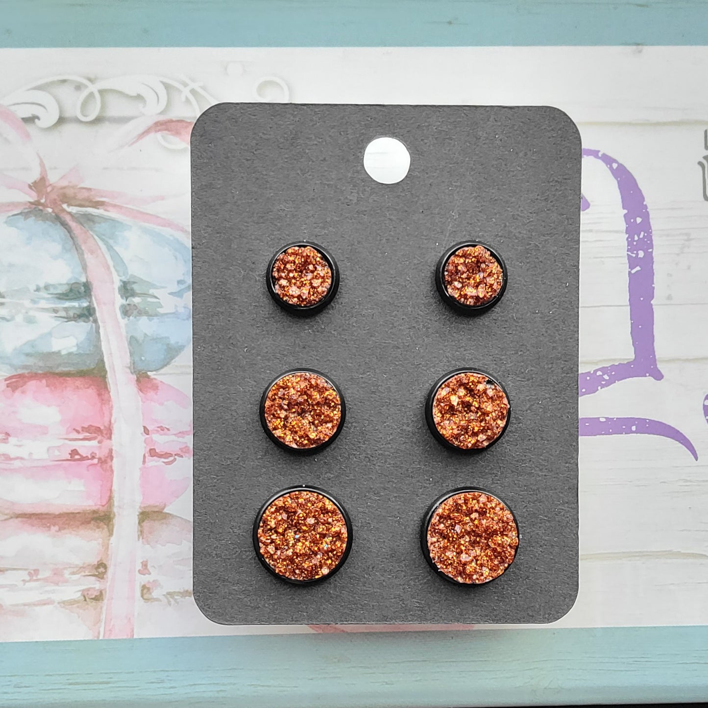 BURNT ORANGE GLITTER Black Bezel Druzy Earrings