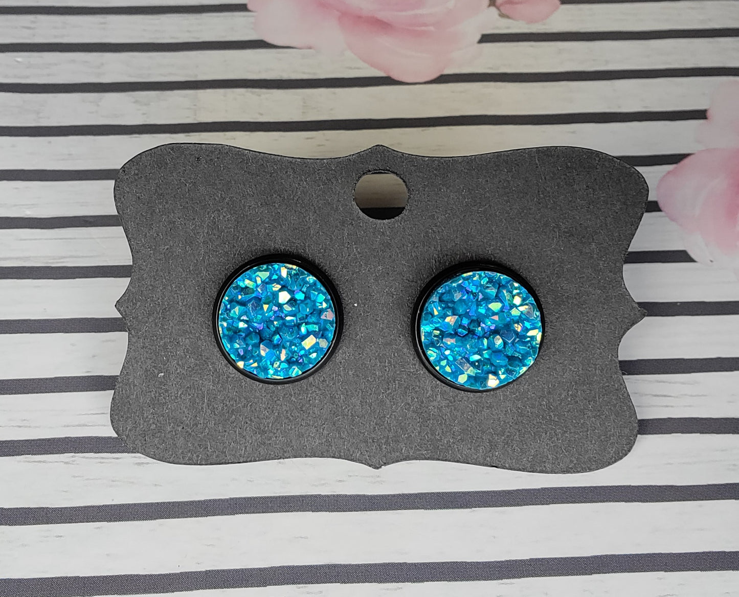 SKY BLUE CONFETTI Black Bezel Druzy Earrings- 12 MM ONLY!