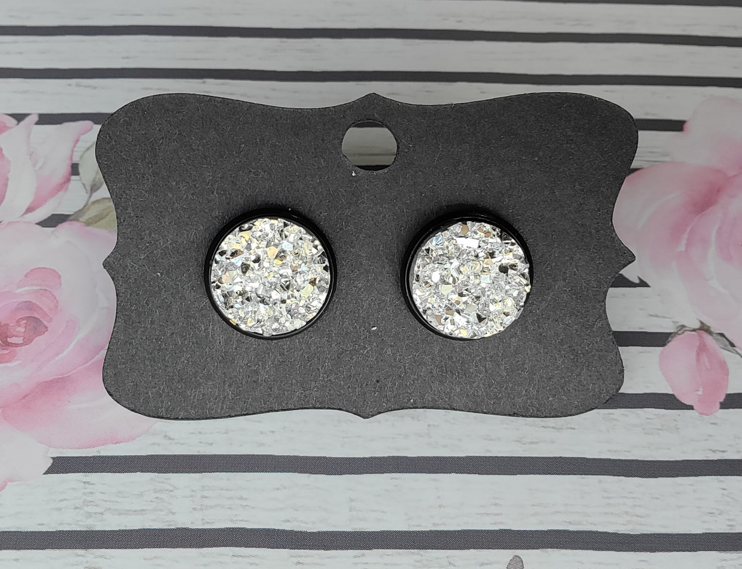 SILVER Black Bezel Druzy Earrings