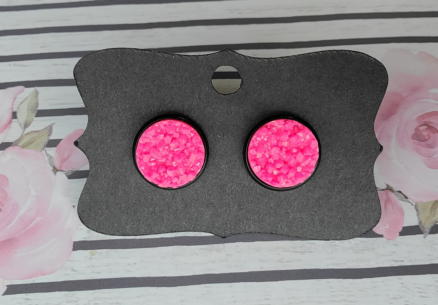 NEON PINK Black Bezel Druzy Earrings