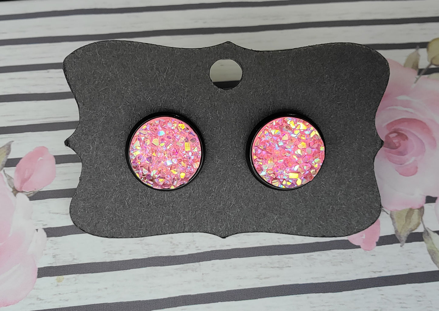 PINK CONFETTI TRANSLUCENT Black Bezel Druzy Earrings