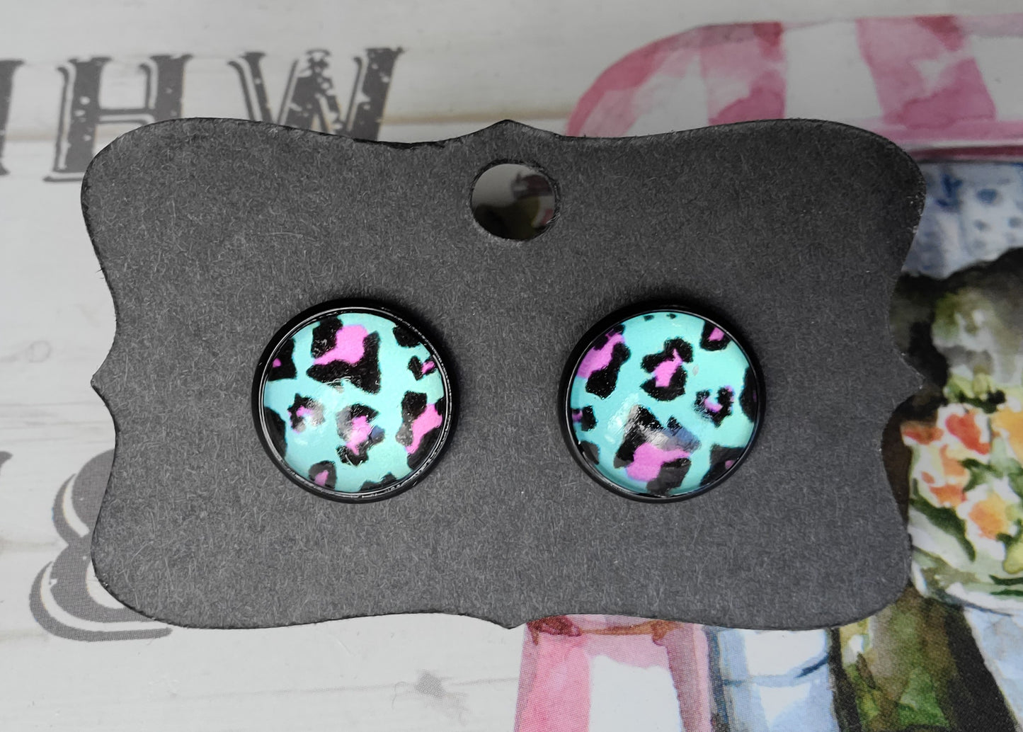 TEAL LEOPARD Black Bezel Cabachon Earrings