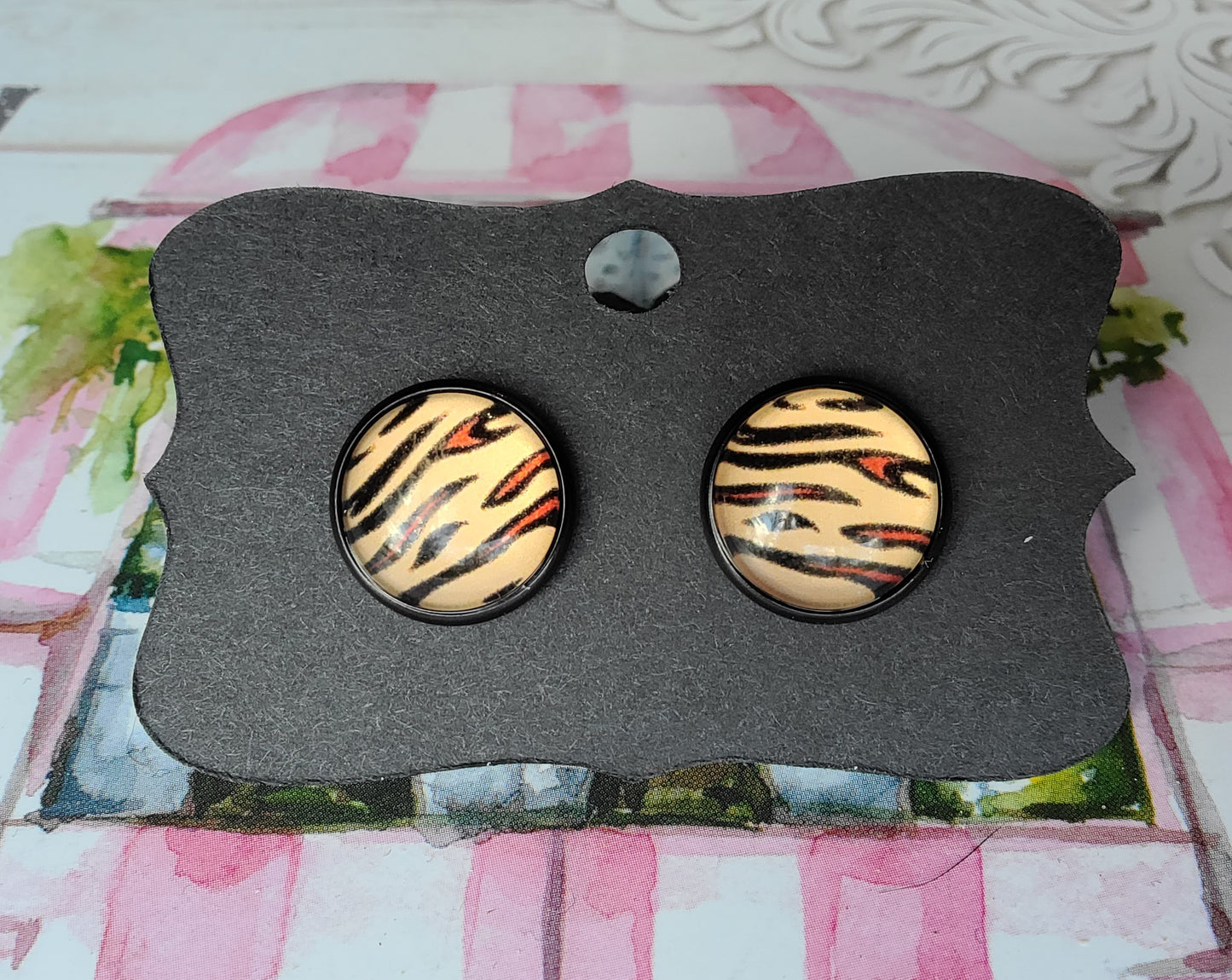 Tiger Stripes Skin Cabachon Black Bezel Earrings- 12 mm ONLY!