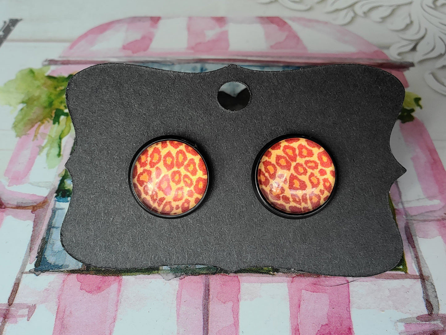 Orange Leopard Skin Cabachon Black Bezel Earrings- 12 mm ONLY!