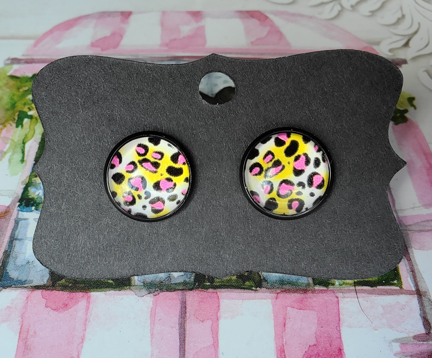 Yellow and Hot Pink Leopard Skin Cabachon Black Bezel Earrings- 12 mm ONLY!