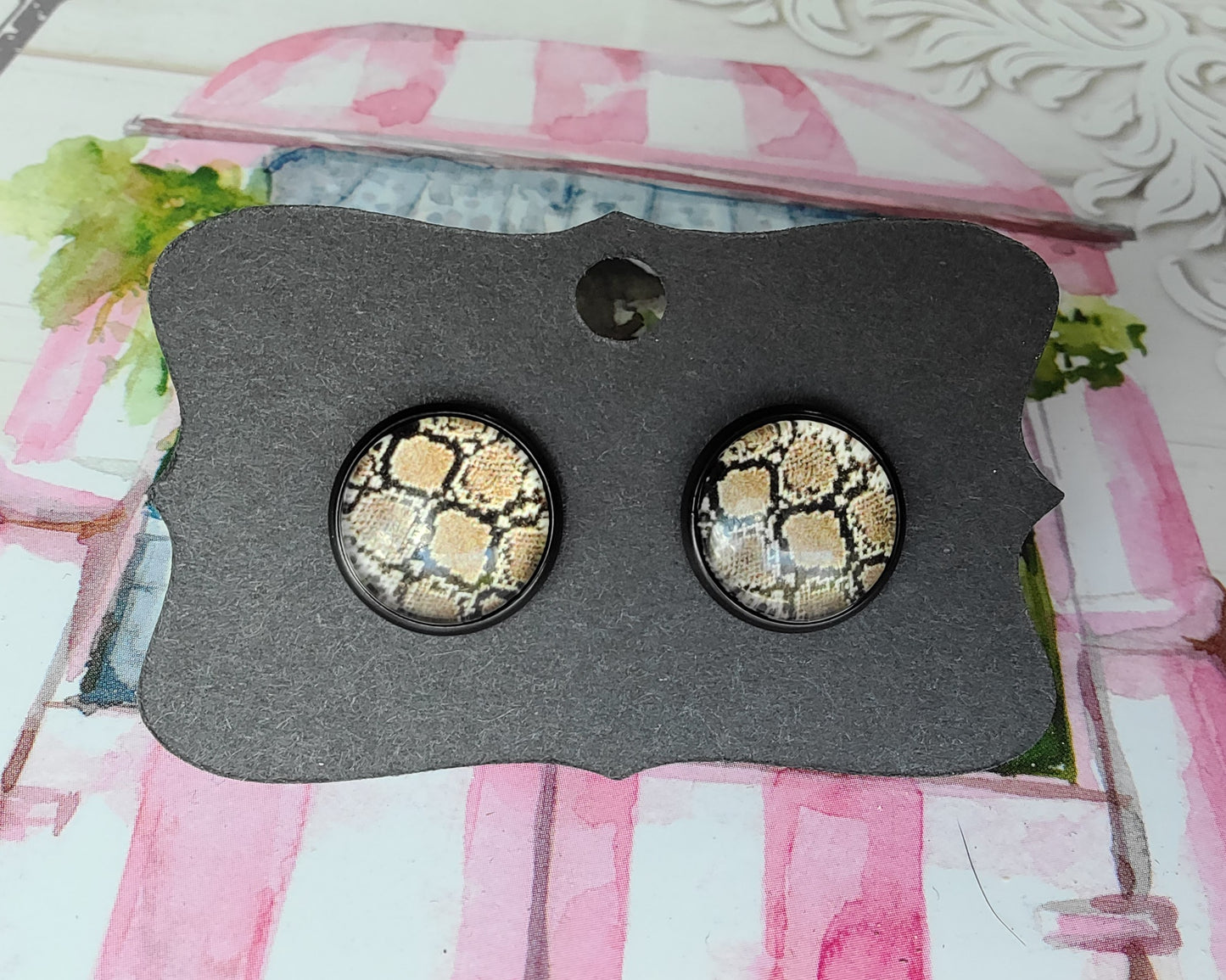 Brown Snake Skin Cabachon Black Bezel Earrings- 12 mm ONLY!