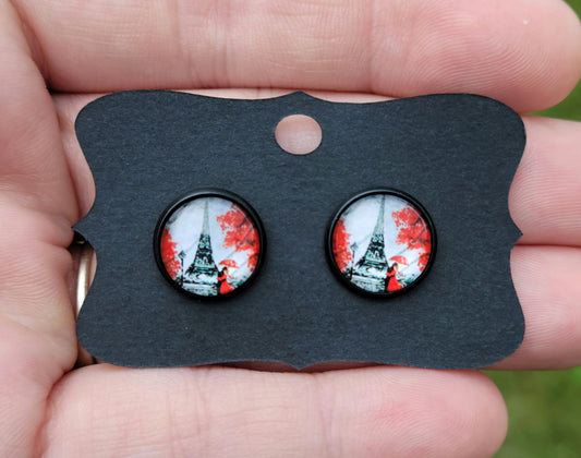 Red Romance Paris Glass Cabachon Black Bezel Earrings- 12 mm ONLY!