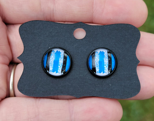 Blue Cheetah Brushstrokes Glass Cabachon Black Bezel Earrings- 12 mm ONLY!