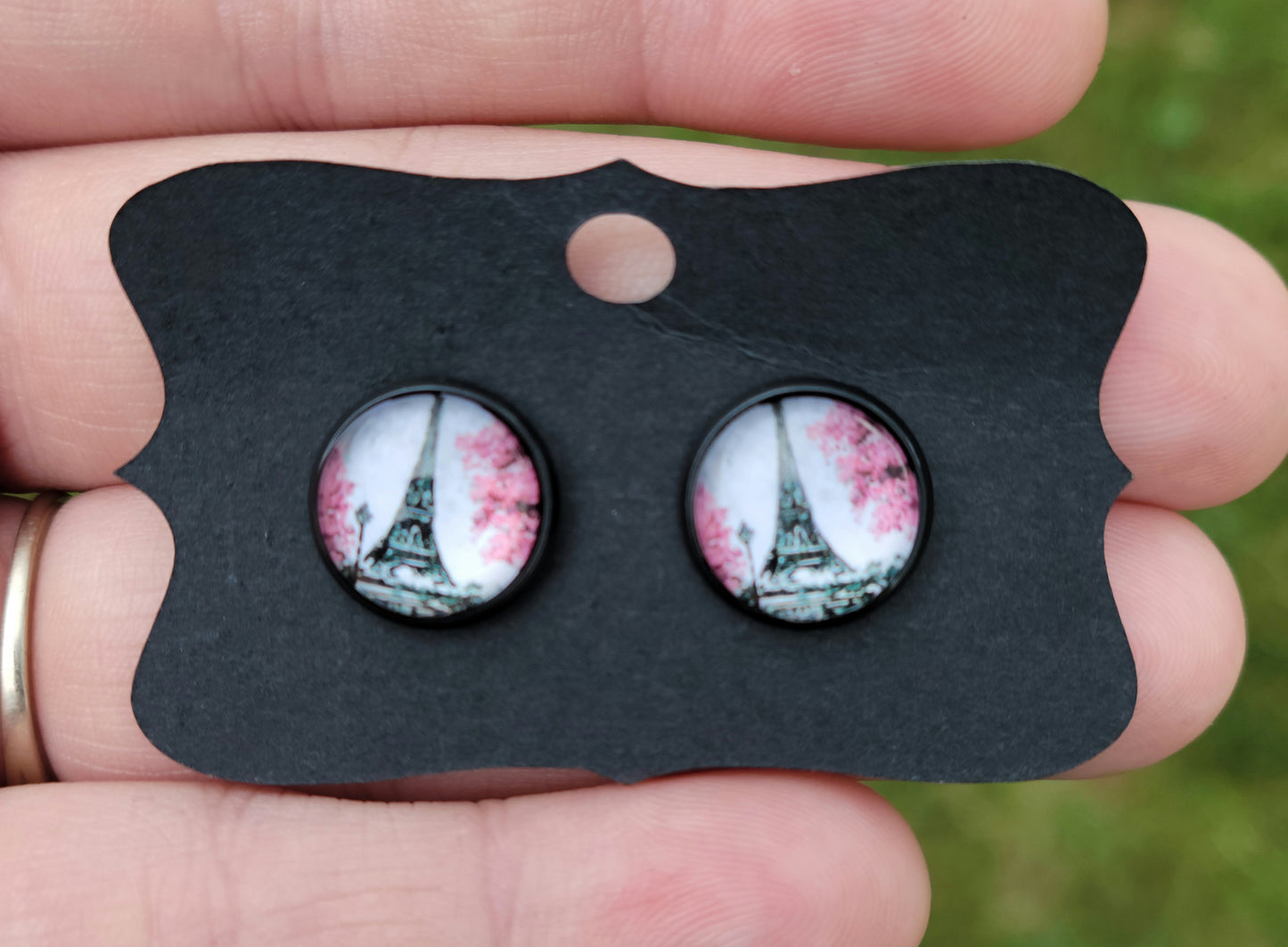 Pink Paris Glass Cabachon Black Bezel Earrings- 12 mm ONLY!