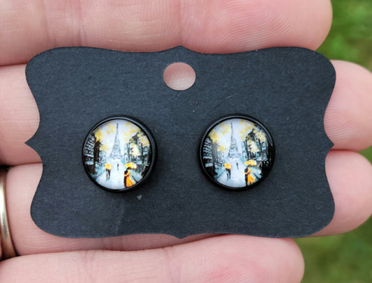 Yellow Romance Paris Cabachon Black Bezel Earrings- 12 mm ONLY!