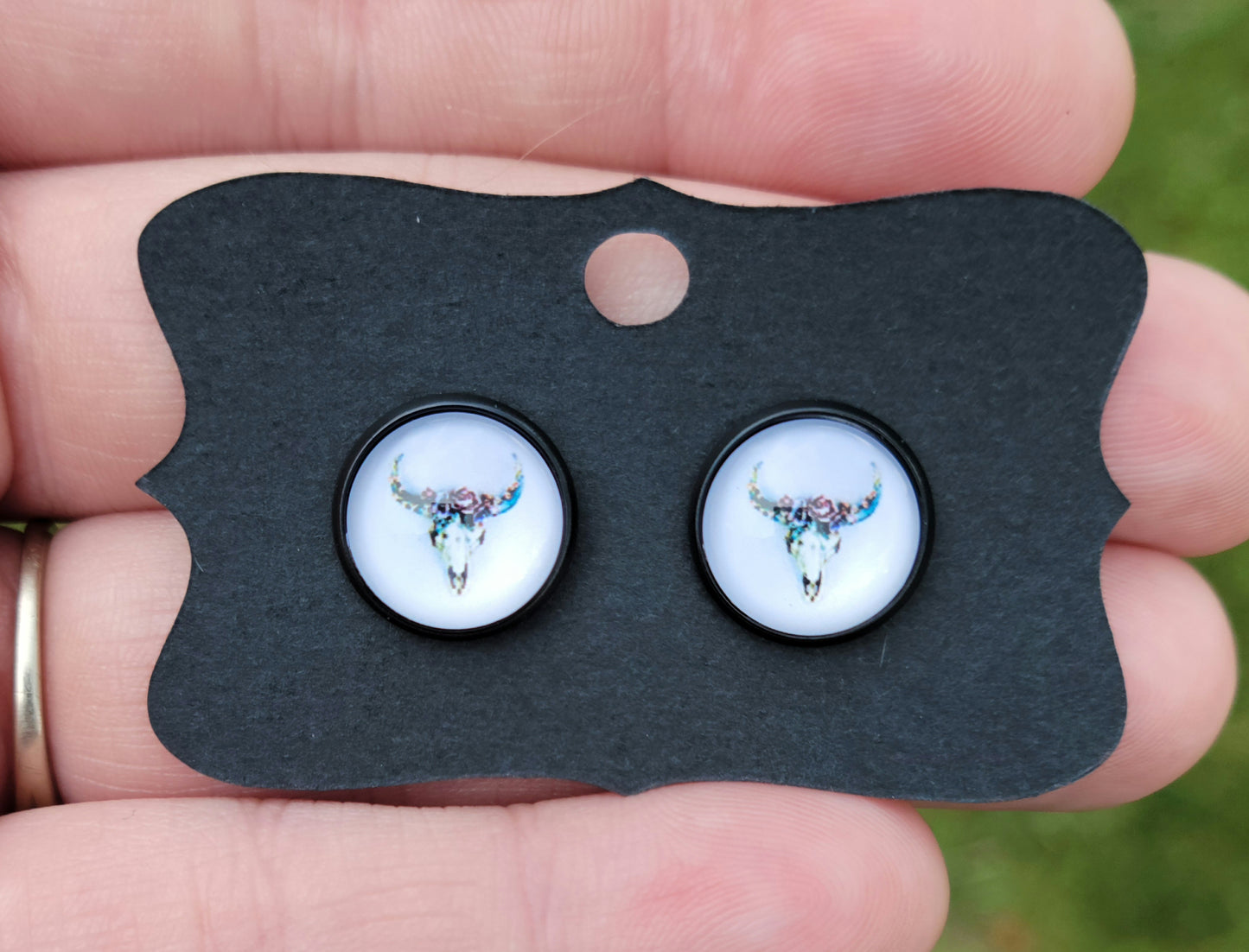 Cow Skull I Cabachon Black Bezel Earrings- 12 mm ONLY!