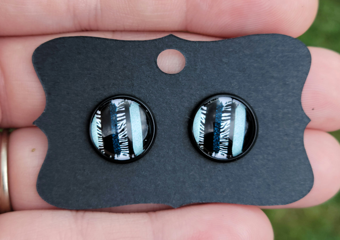 Black Zebra Brushstrokes Glass Cabachon Black Bezel Earrings- 12 mm ONLY!