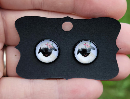 Sheep Floral Glass Cabachon Black Bezel Earrings- 12 mm ONLY!