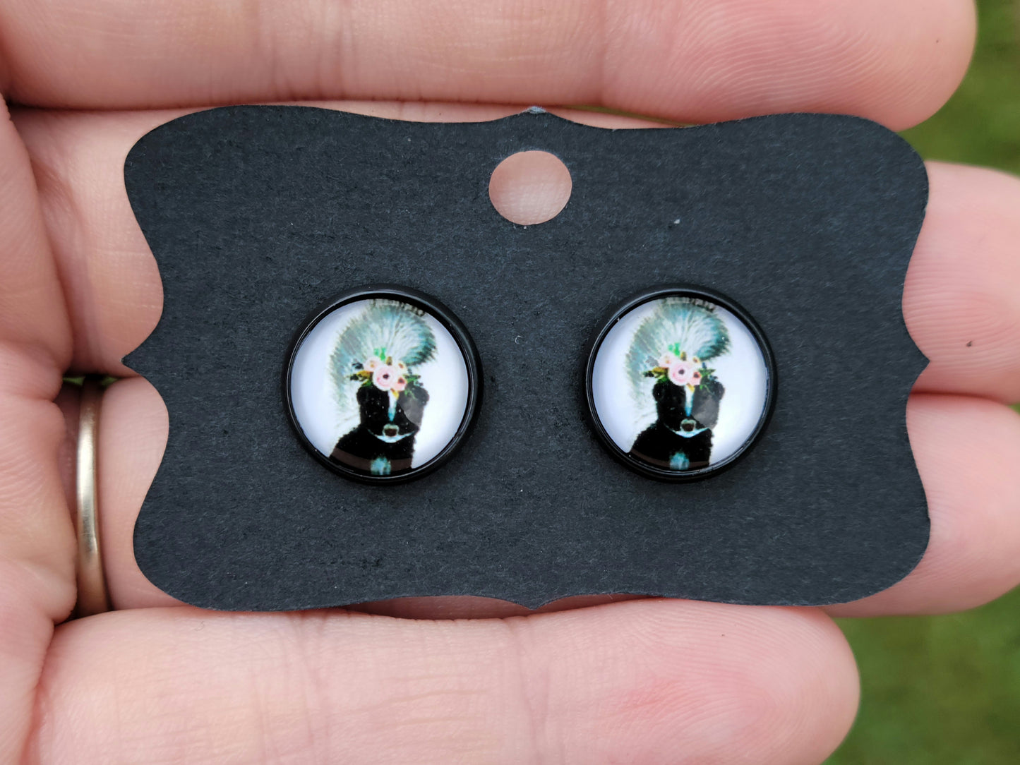 Skunk Floral Glass Cabachon Black Bezel Earrings- 12 mm ONLY!