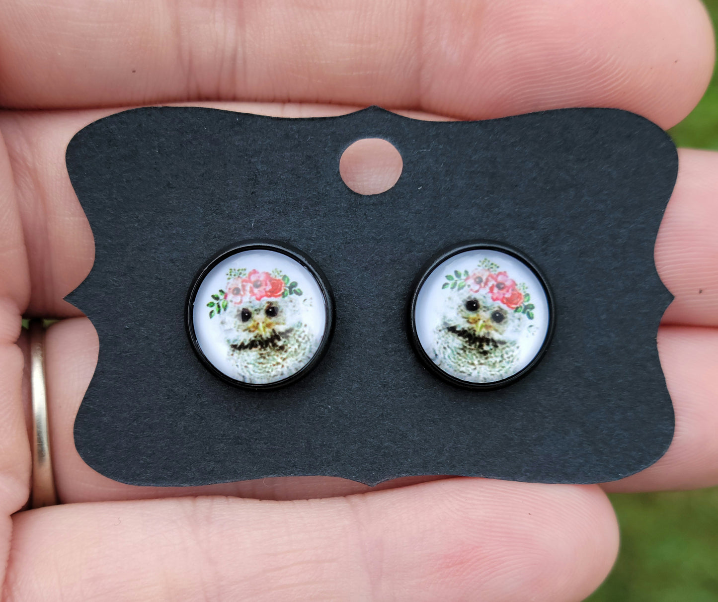 Owl Floral Glass Cabachon Black Bezel Earrings- 12 mm ONLY!