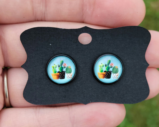 Teal Cactus Plants Glass Cabachon Black Bezel Earrings- 12 mm ONLY!