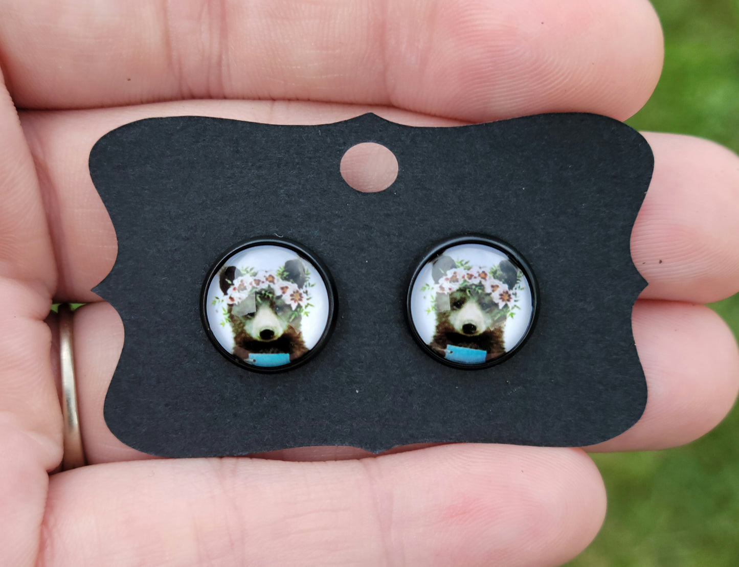 Brown Bear Floral Glass Cabachon Black Bezel Earrings- 12 mm ONLY!