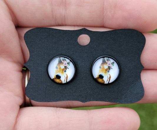 Horse Floral Glass Cabachon Black Bezel Earrings- 12 mm ONLY!