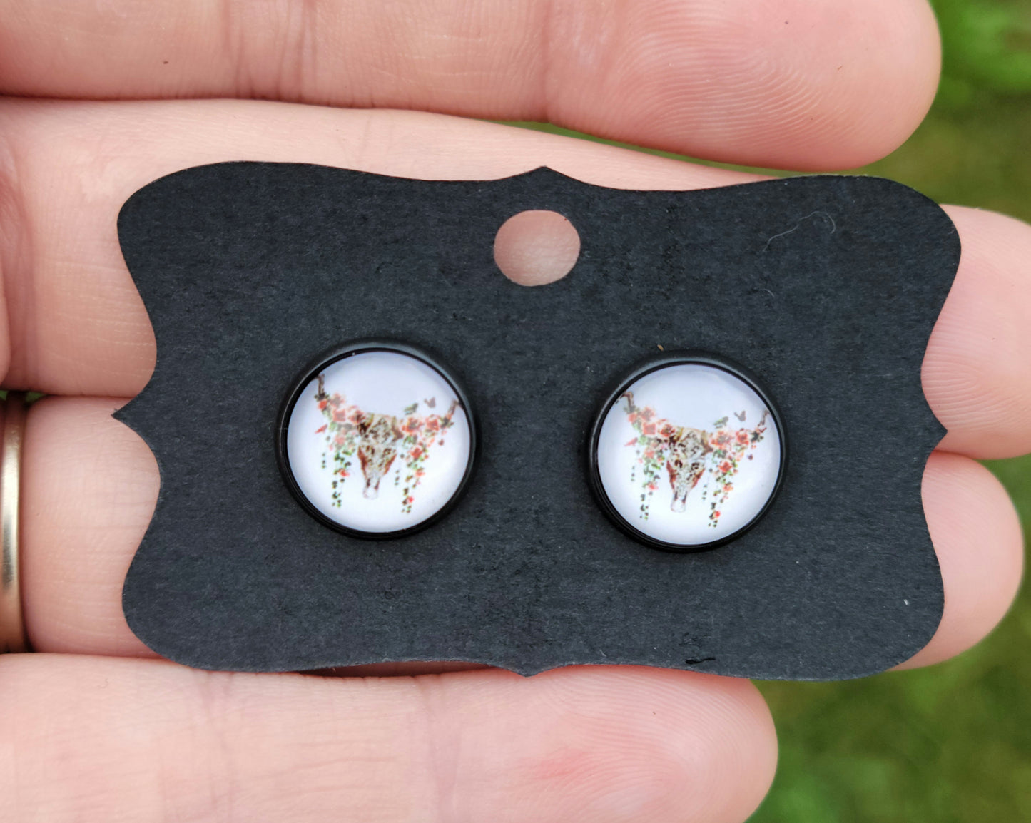 Cow Skull II Glass Cabachon Black Bezel Earrings- 12 mm ONLY!