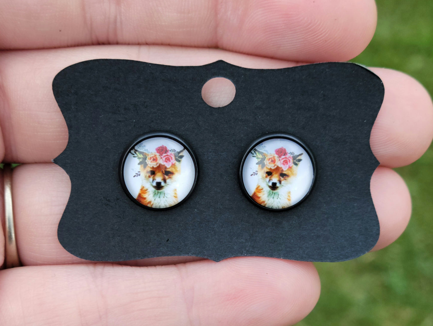 Fox Floral Glass Cabachon Black Bezel Earrings- 12 mm ONLY!