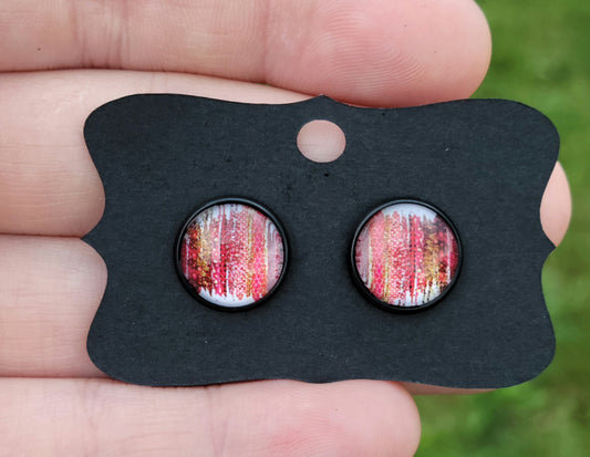 Red Cheetah Brushstrokes Glass Cabachon Black Bezel Earrings- 12 mm ONLY!