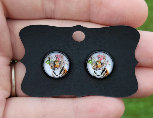 Tiger Floral Glass Cabachon Black Bezel Earrings- 12 mm ONLY!