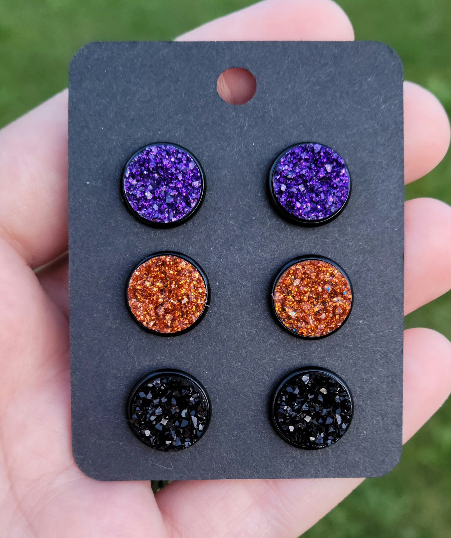 HALLOWEEN HORROR 3 Pack Black Bezel Druzy Earring Set