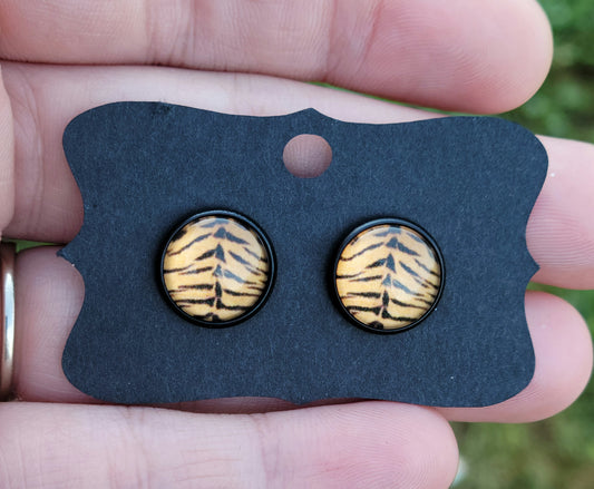 Tiger III Cabachon Black Bezel Earrings- 12 mm ONLY!