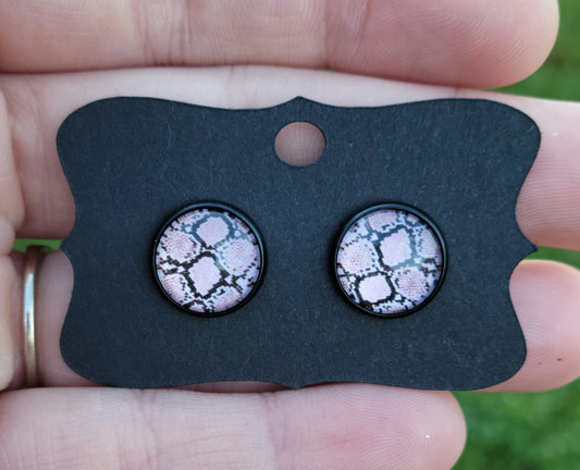 Pink Snake Skin Glass Cabachon Black Bezel Earrings- 12 mm ONLY!