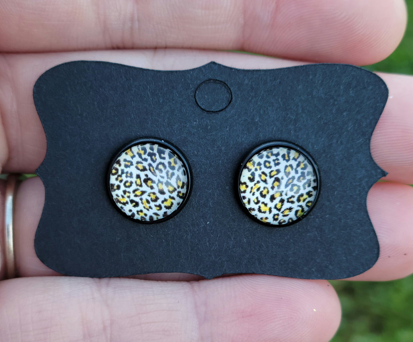 Leopard V Cabachon Black Bezel Earrings- 12 mm ONLY!