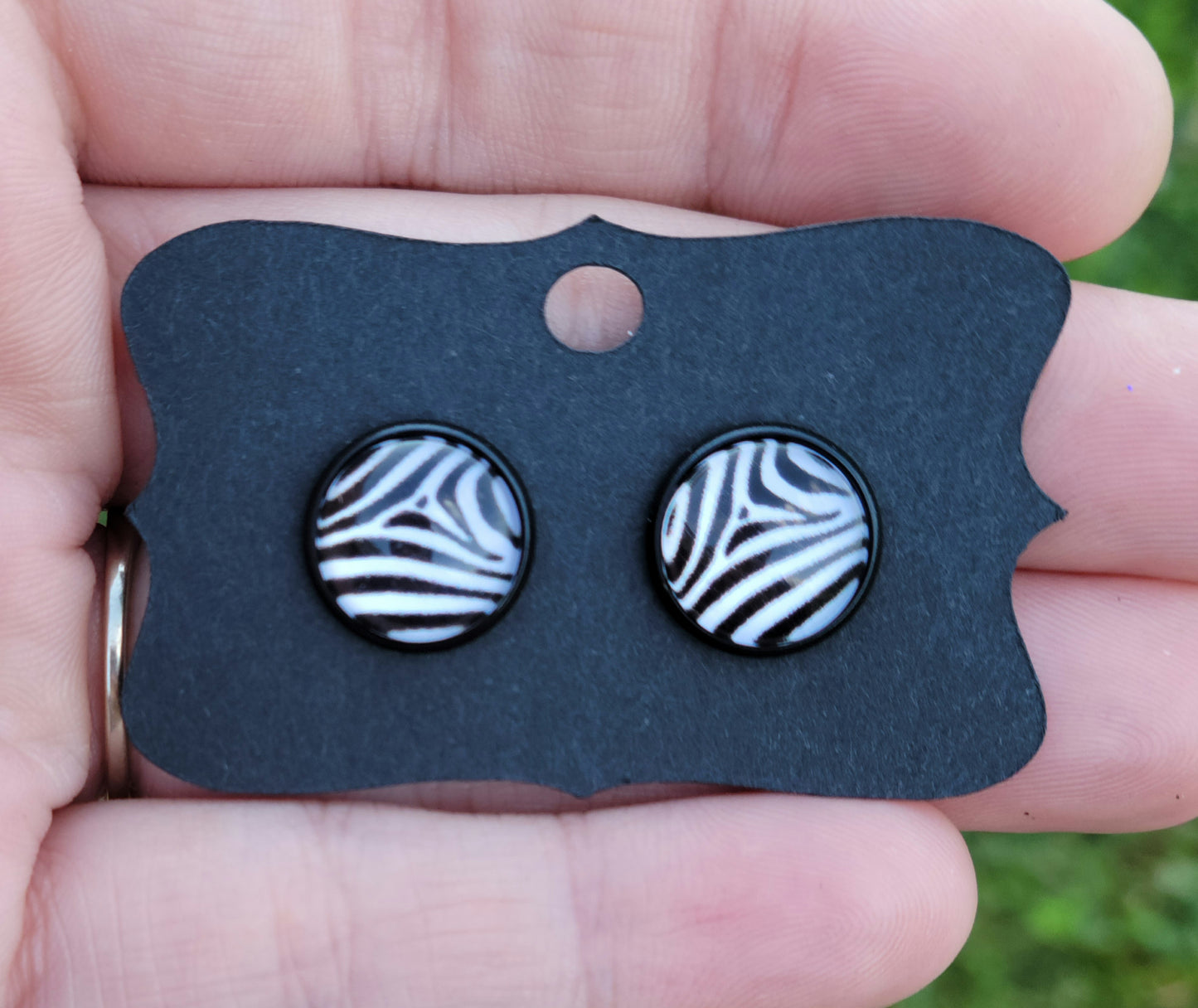 Zebra Stripes III Glass Cabachon Black Bezel Earrings- 12 mm ONLY!