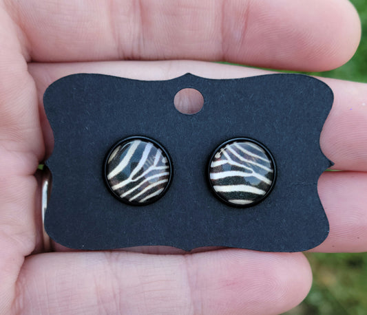 Zebra I Stripes Glass Cabachon Black Bezel Earrings- 12 mm ONLY!