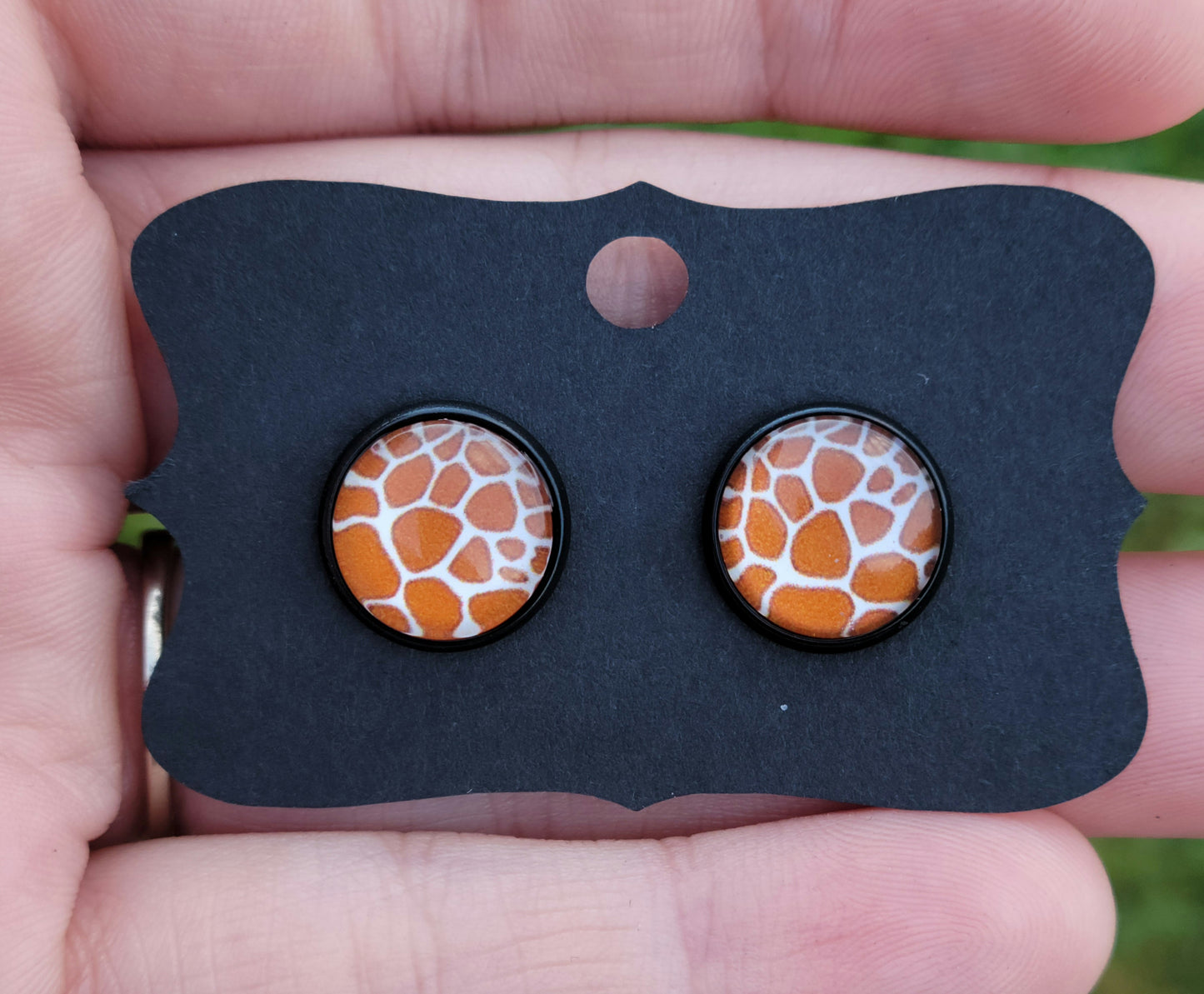 Giraffe Skin Glass Cabachon Black Bezel Earrings- 12 mm ONLY!