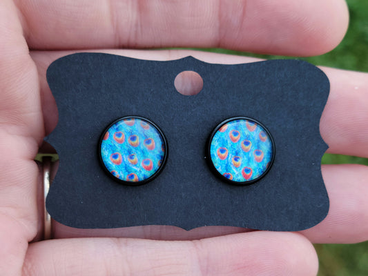 Peacock Glass Cabachon Black Bezel Earrings- 12 mm ONLY!