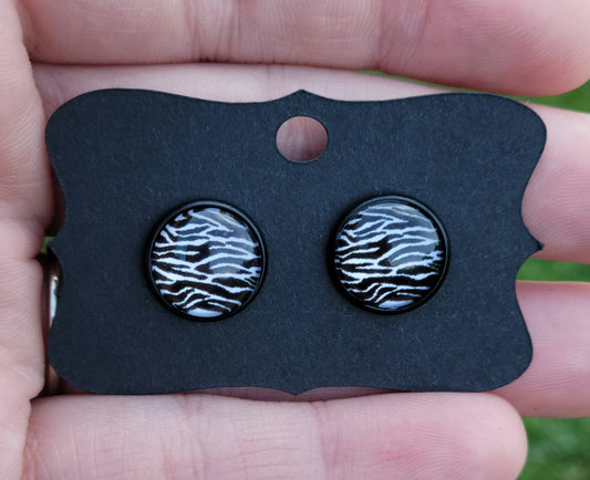 Zebra II Stripes Glass Cabachon Black Bezel Earrings- 12 mm ONLY!