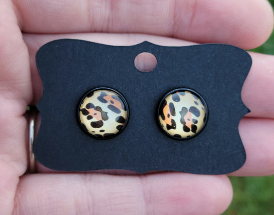 Leopard Spots III Glass Cabachon Black Bezel Earrings- 12 mm ONLY!