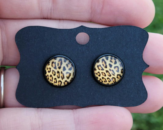 Leopard Spots Glass Cabachon Black Bezel Earrings- 12 mm ONLY!