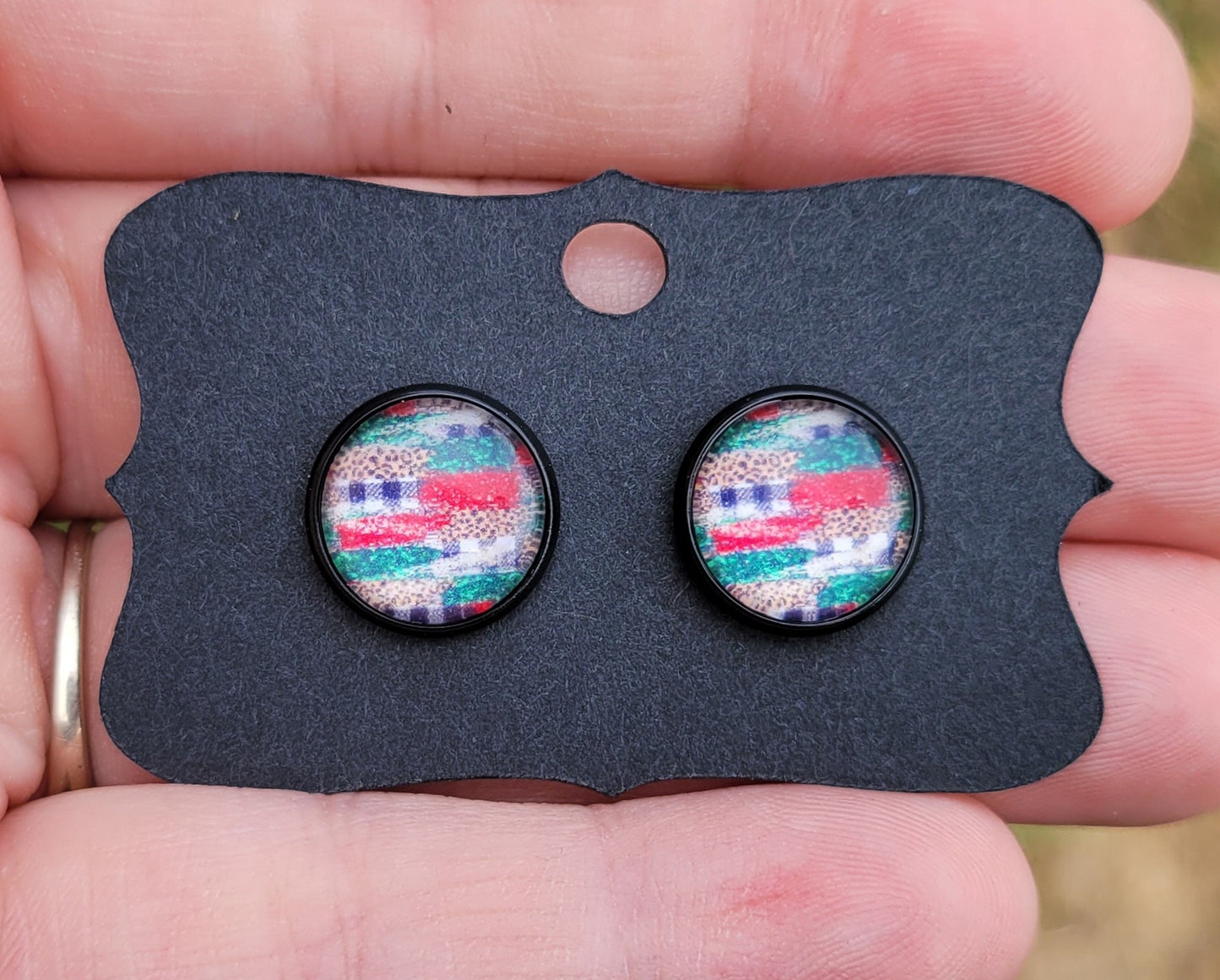 Christmas Cheetah & Buffalo Plaid Glass Cabachon Black Bezel Earrings- 12 mm ONLY!