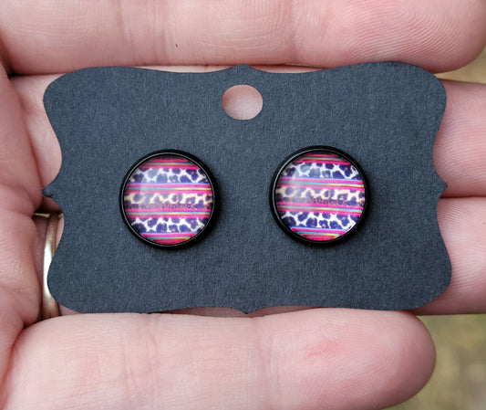 Western Stripes & Leopard Glass Cabachon Black Bezel Earrings- 12 mm ONLY!