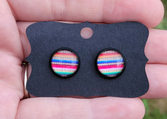 Western Stripes & Cheetah Glass Cabachon Black Bezel Earrings- 12 mm ONLY!