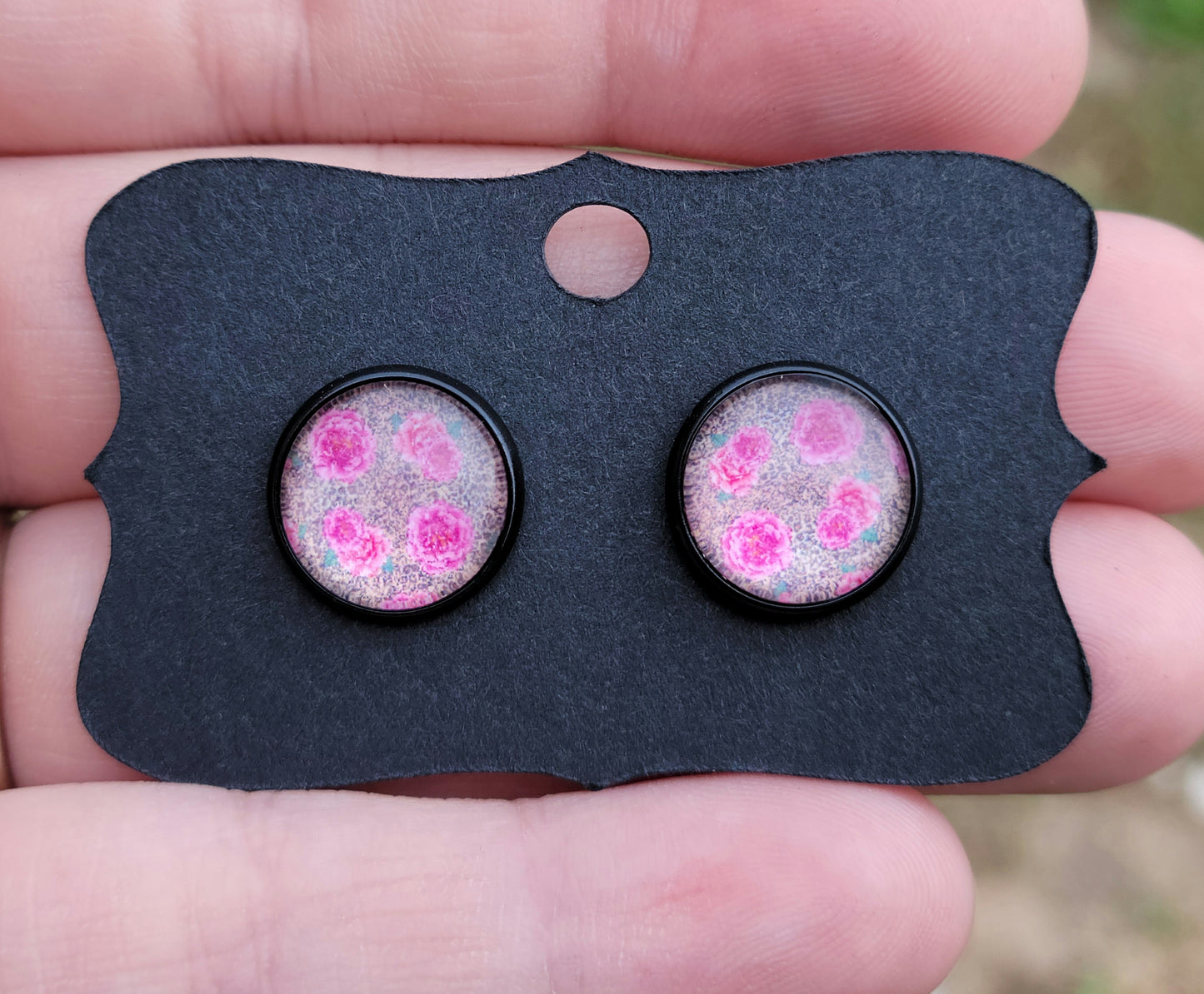 Pink Roses & Cheetah Glass Cabachon Black Bezel Earrings- 12 mm ONLY!