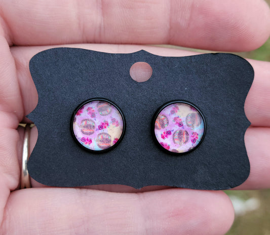 Floral Pumpkins Glass Cabachon Black Bezel Earrings- 12 mm ONLY!